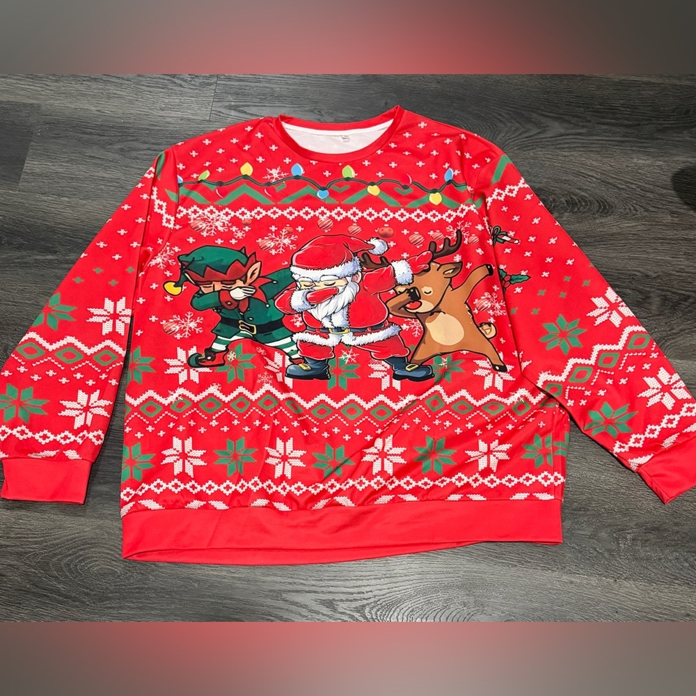 Festive Red Christmas Sweater with Santa and Reindeer